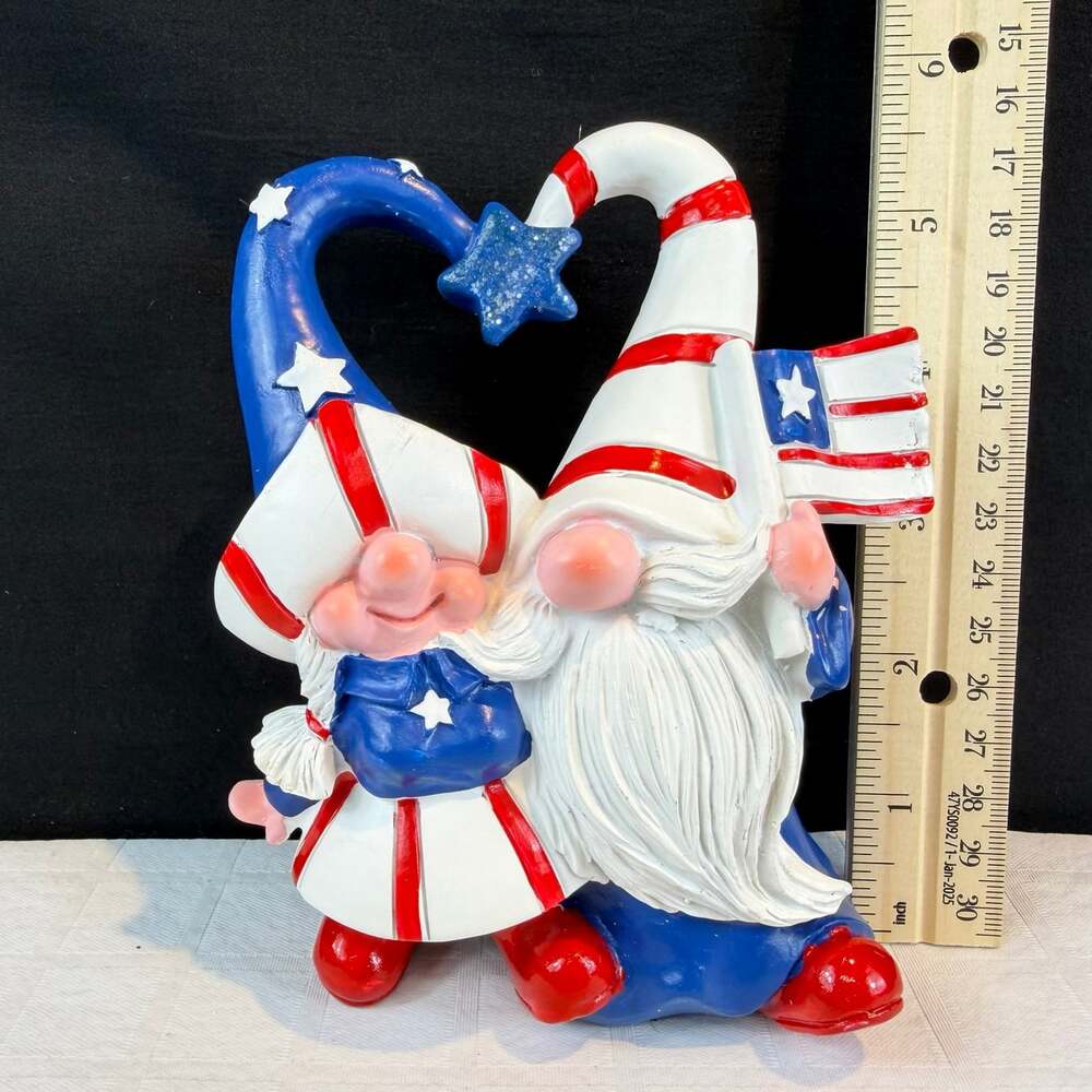 Patriotic Gnome Couple Figurine Red White Blue Hats Stars American Flag Heart